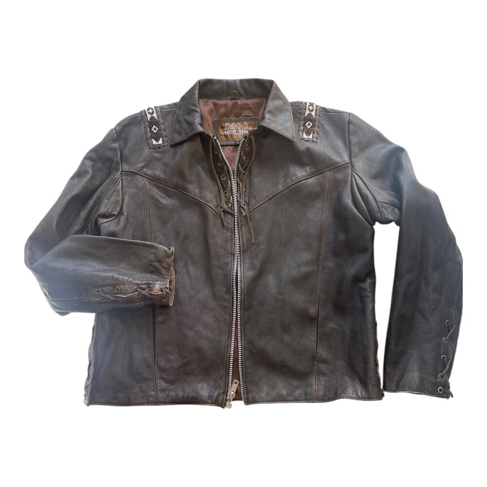 Vtg. Men's Leather Gallery Western Native Boho Lace-up Jacket Brown Beaded Rare - Picture 9 of 15